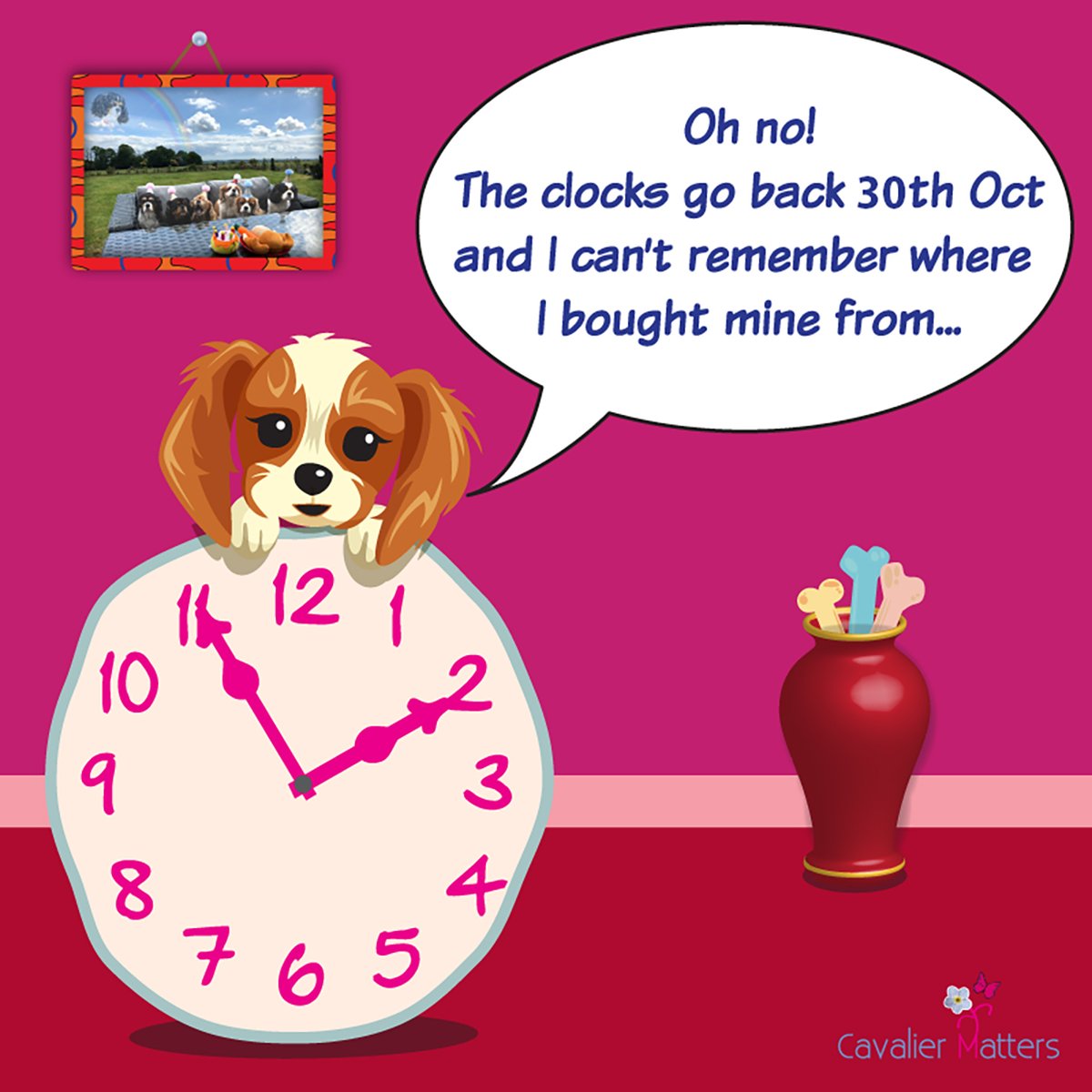 UK clocks go back 1 hour on 30th October - start changing your companions' routine - especially for medication; check with your vet. 

Maybe adjust mealtimes by 10 minutes each day

New clock? cavalier-gift-shop.org/search.html?se… 

#dogsoftwitter #cavalierhealth #ckcs #dogtips #dogtips