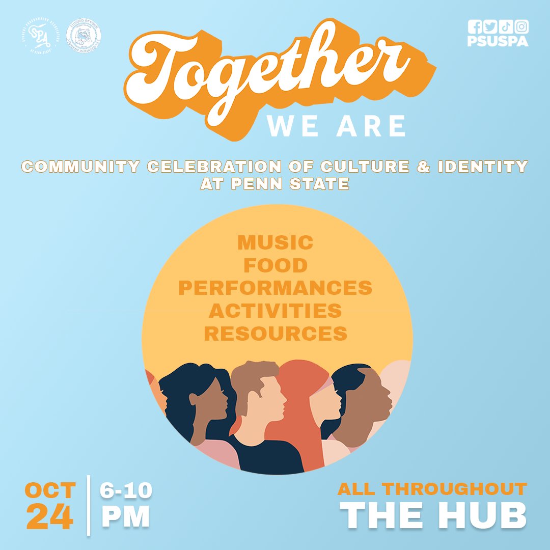 PennStateGlobal's tweet photo. Together We Are is happening TOMORROW!

There will be free food, performances, activities, and support resources for anyone who wants to learn about the various identities and communities on campus.

Penn State Global will also have a table - make sure to stop by and say hi! https://t.co/4mfl5rSG8X