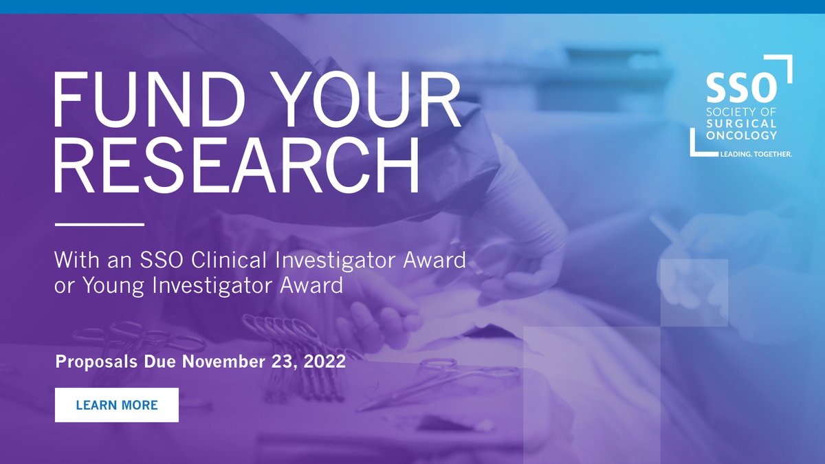 SSO is offering three opportunities to apply for research funding. Learn how you can apply for the SSO Clinical Investigator Award and two Young Investigator Awards, one generously supported by @acpmpresearch, at ow.ly/MoZy50LhLs7.