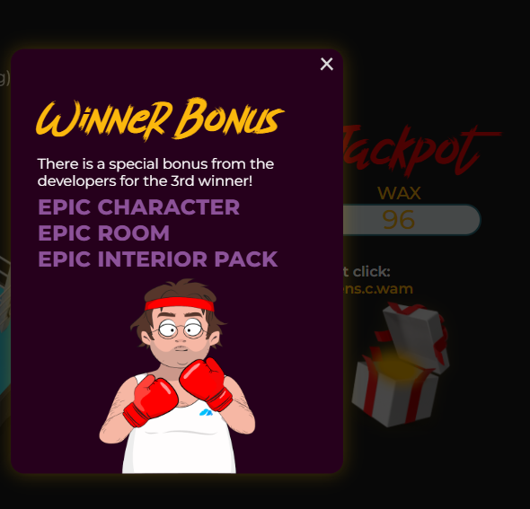 START NEW ROUND
Everyone can take part!
You need to be the last to make a move for 5 minutes.
Jackpot of 80% deposit
+ Epic set: 1

 character, a room, 8 interior items!
More DS: bit.ly/3pyApAo
Game: luckyfighters.rtd-game.com

#P2E #wax #nftgames
