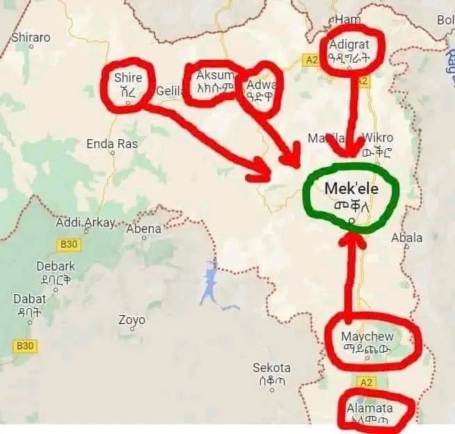 DrMohaAbdulahi's tweet photo. BREAKING: ድል ለ ሰራዊታችን.
አሁን በዚህ ሰዓት መከላከያ እና ጥምር ጦሩ ከያቅጣጫው ወደ መቀሌ እየገሰገሱ ሲሆን ነገሮች በየሰዓቱ እየተቀያየሩ ነው።
ነገ ደግሞ ሌላ አስደማሚ መረጃዎችን እንደምንሰማ አልጠራጠርም. 💪💪💪 
#TPLFisCause #DisarmTPF https://t.co/HOYttYQy1k