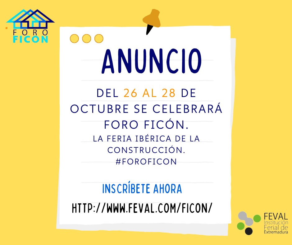 FiconFeval's tweet image. Esta semana se celebrará Foro Ficón. 🏗
Del 26 al 28 de octubre tenemos una cita en Feval Institución Ferial de Extremadura en #DonBenito.
Inscripciones abiertas ⬇️⬇️⬇️ feval.com/ficon/
#ForoFicón #Ficon #Feval #feriasextremadura #Extremadura