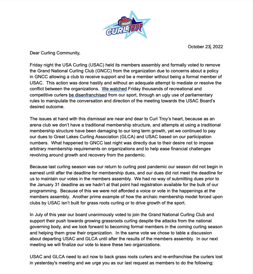 curltroy's tweet photo. Curl Troy's leadership and founders have issued the following statement regarding the weekends US Curling Members Assembly. https://t.co/indkhFhF3R