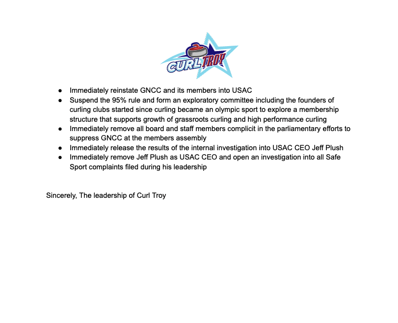 curltroy's tweet photo. Curl Troy's leadership and founders have issued the following statement regarding the weekends US Curling Members Assembly. https://t.co/indkhFhF3R