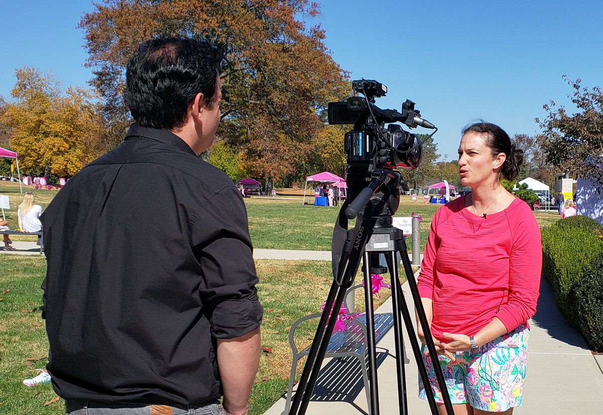 StridesKnox's tweet photo. #breastcancer survivor Emily Gorman, @StridesKnox volunteer, and the surgeon she wanted to thank, Dr. Jillian Lloyd @utmedicalcenter, handle @wvlt interviews. #BreastCancerAwareness https://t.co/XQzwb33rU3
