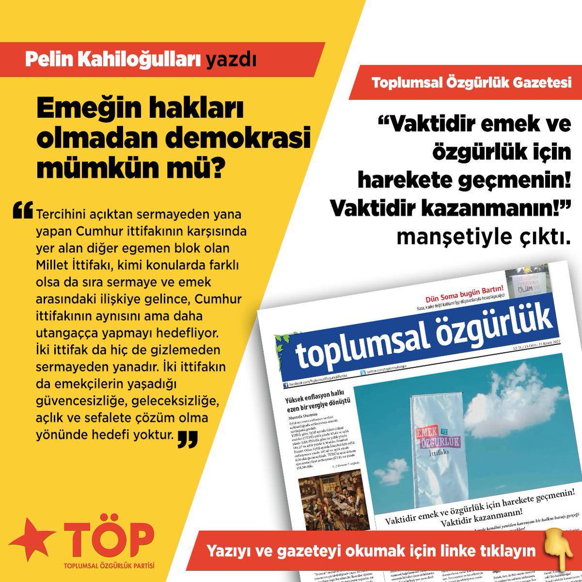 Sözcüler Kurulu üyemiz Pelin Kahiloğulları'nın 'Emeğin hakları olmadan demokrasi mümkün mü?' yazısını ve gazetemizin yeni sayısını okumak için 👇 toplumsalozgurluk.org/wp-content/upl… #Emek #emeközgürlük #Demokrasi #emekveözgürlükzamanı