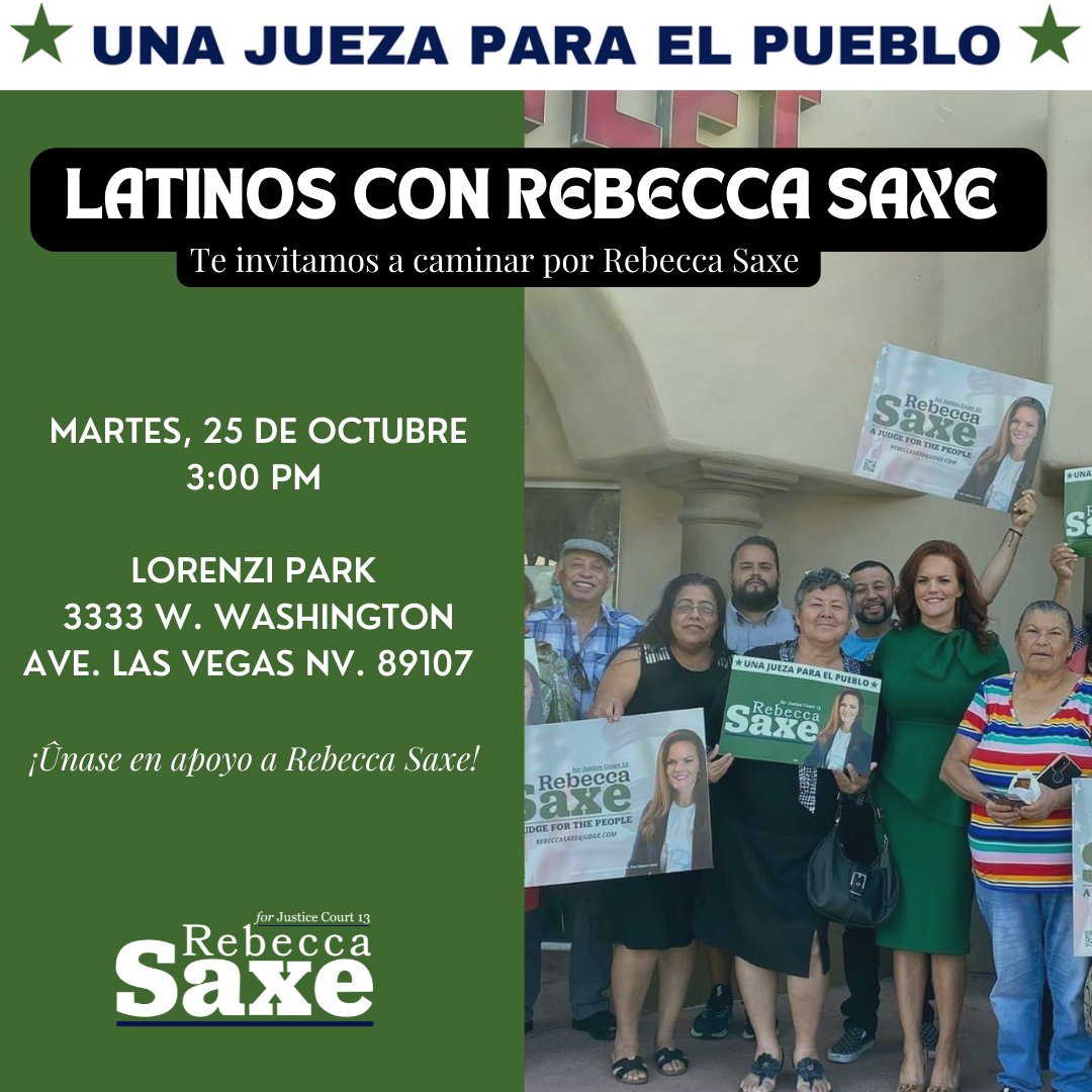 Saxe4Judge's tweet photo. My amazing Latino supporters are organizing a canvass event for me this Tuesday at Lorenzi Park. 
I am honored to have overwhelming support from the Latinos/Hispanic community.
#saxe4judge #WhenWeVoteWeWin #earlyvoting #october22 #vote #judge #lasvegas #LatinosConRebeccaSaxe https://t.co/pGl7LXjIhq