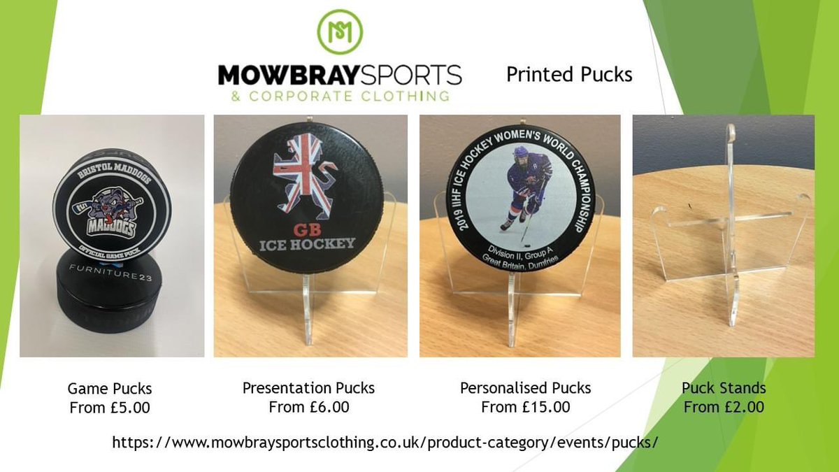 Gufex IIHF Game Pucks. 
In stock with free next working day delivery to UK mainland - interested also take a look at the printed puck options
mowbraysportsclothing.co.uk/product/gufex-…