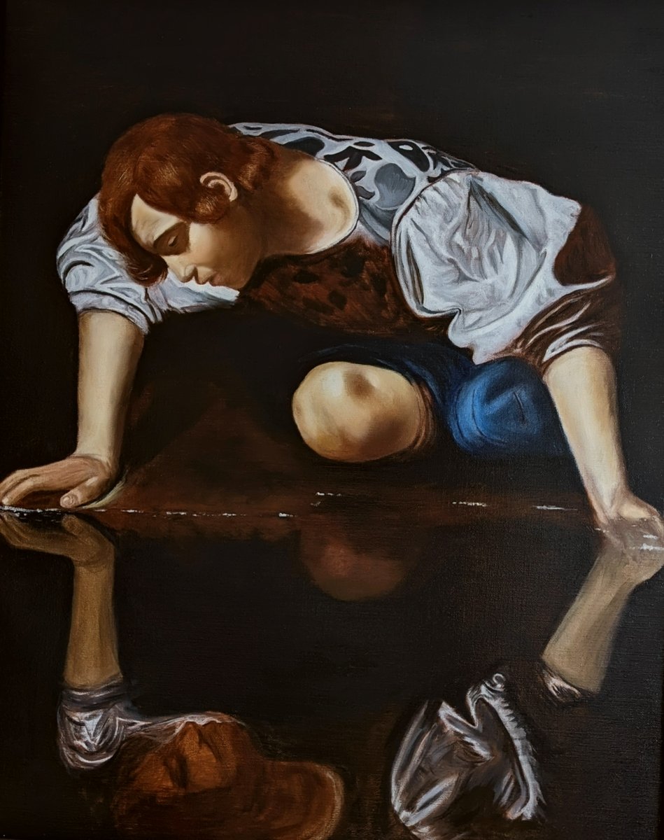 Mathieson_Art's tweet photo. Old Master study of "Narcissus" After Caravaggio c. 1597–1599

The original can be found at the Galleria Nazionale d'Arte Antica in Rome

Size 60cm x 76cm
Oil on linen
Painted in 2021 https://t.co/09uUW0sByv