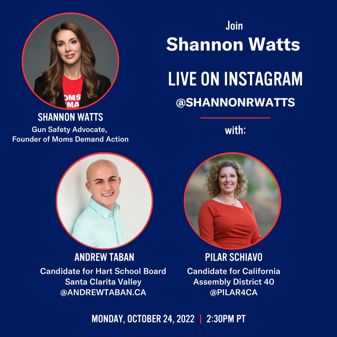 Join me on my Instagram (shannonrwatts) Monday 10/24 at 2:30pm PT for my conversation with @AndrewTabanCA & @Pilar4CA -- two of the more than 225 @momsdemand volunteers running for office this year. #demandaseat