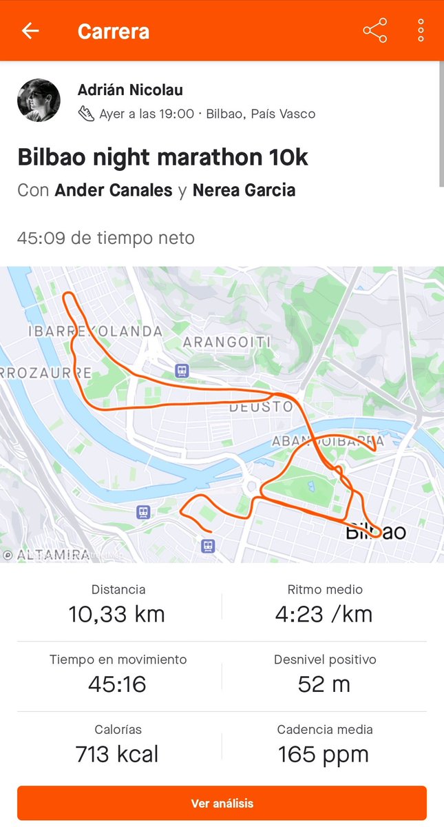 adriannicolau6's tweet photo. ✔ Cuarto reto superado
🏃‍♂️Bilbao Night Marathon 10 km
⌛Oficial: 45:09 (4:31 / km)
📈 El reto inicial eran los 21 km, pero las lesiones nos han hecho ser más realistas. Aún asi muy buenas sensaciones y mejor compañía.
🔜 Media maratón de Vitoria-Gasteiz https://t.co/ZxdwUFAhhx