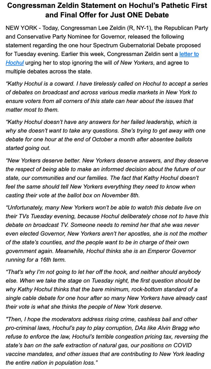 I repeatedly called on @KathyHochul to accept multiple broadcast debates across NY. Her 1st & final offer was to have only 1 debate this Tuesday on Spectrum over a month after the start of absentee voting. On many levels, NYers deserve so much more than what Hochul weakly offers.