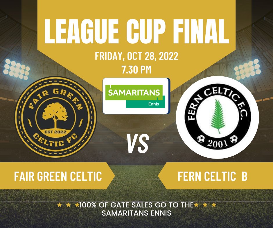 With our game called off today all roads now lead to the county grounds where Fair Green Celtic will be in action in our first ever cup final. 100% of gate takings going to The Samaritans ennis so why not come along for a good cause and support the lads ⚫️🟡⚫️🟡