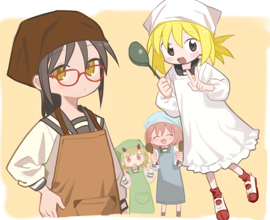 holding ladle multiple girls apron ladle blonde hair glasses head scarf  illustration images