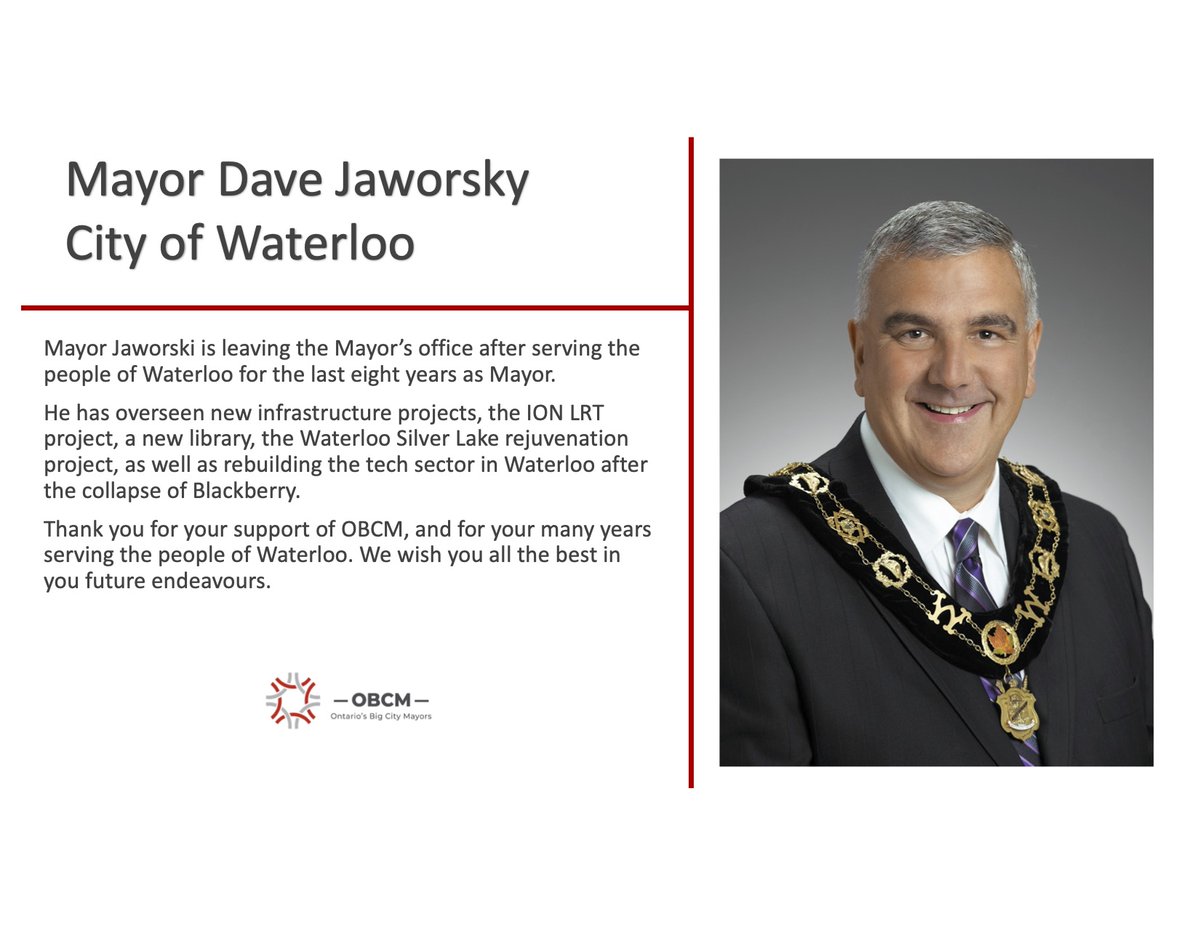 ONBigCityMayors's tweet image. As the municipal election approaches, over the next few days we wanted to recognize our member Mayors who will be moving on from their Mayoral offices. Thank you for your dedication and service to your municipalities and to OBCM. Today our next mayor is @DaveJaworsky #Onmuni