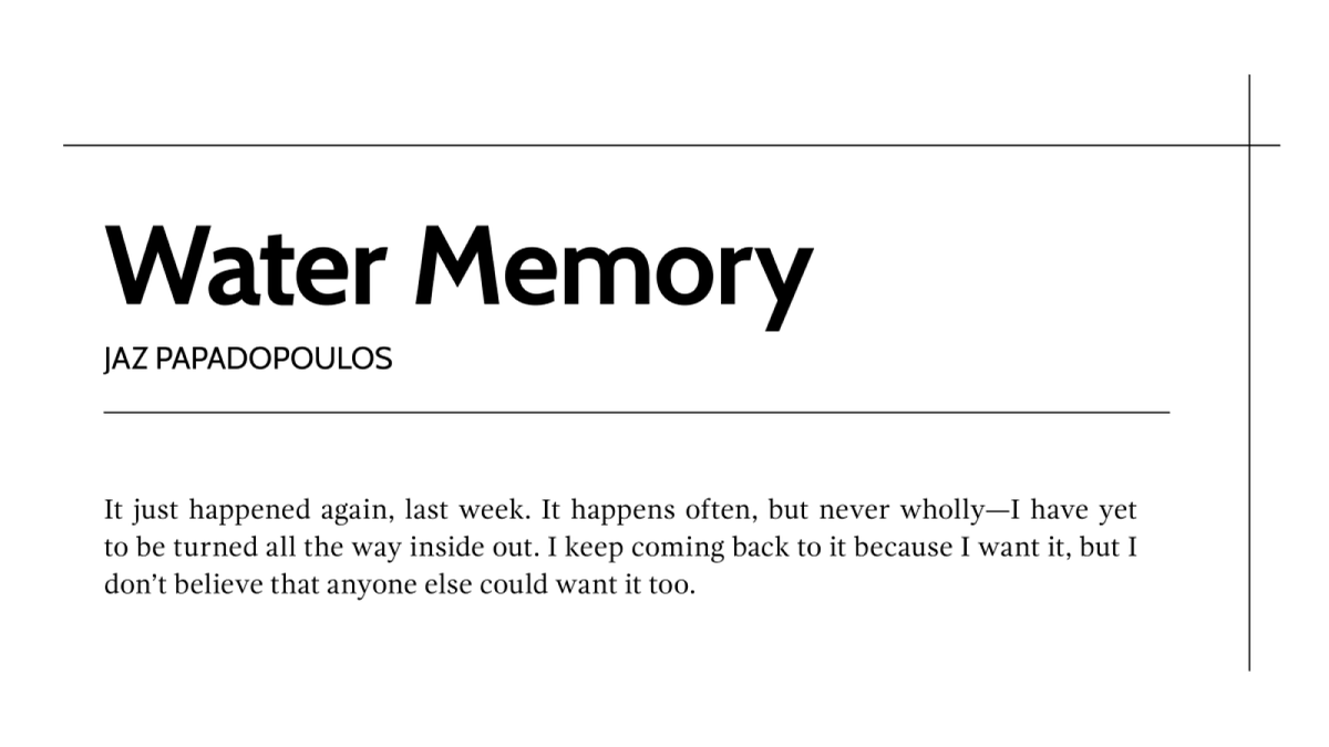 UnderCurrentsYU's tweet photo. @scrybabybaby’s “Water Memory” is an “invocation of intimacy partnered with grief . . . encourag[ing] relationships (with the self and with others) that not only allow, but revel in, the fullest embodiment of the body’s experience” -- https://t.co/Sk5cVB4eCW https://t.co/HpUg3QSwSo