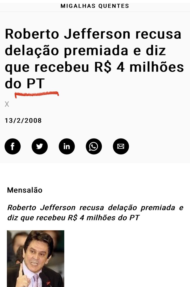 criscerchi's tweet photo. @o_antagonista Pra quem não lembra o Roberto Jefferson foi um dos políticos que recebia propina do PT e depois de preso denunciou todo o esquema! #mensalão #mensalãodopt #mensalao https://t.co/YDCKZXl75W