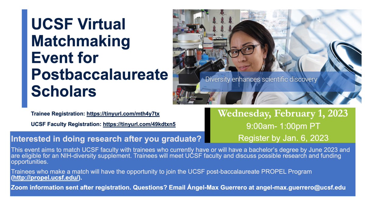 <a href="/immunox/">UCSF Bakar ImmunoX Initiative</a> UCSF announces the next Postbaccalaureate Research Matchmaking Event on 02/01/23, for URM scholars interested in biomedical science research. Virtually meet UCSF faculty working in your areas of interest. Register by 01/06/23 justice.ucsf.edu.