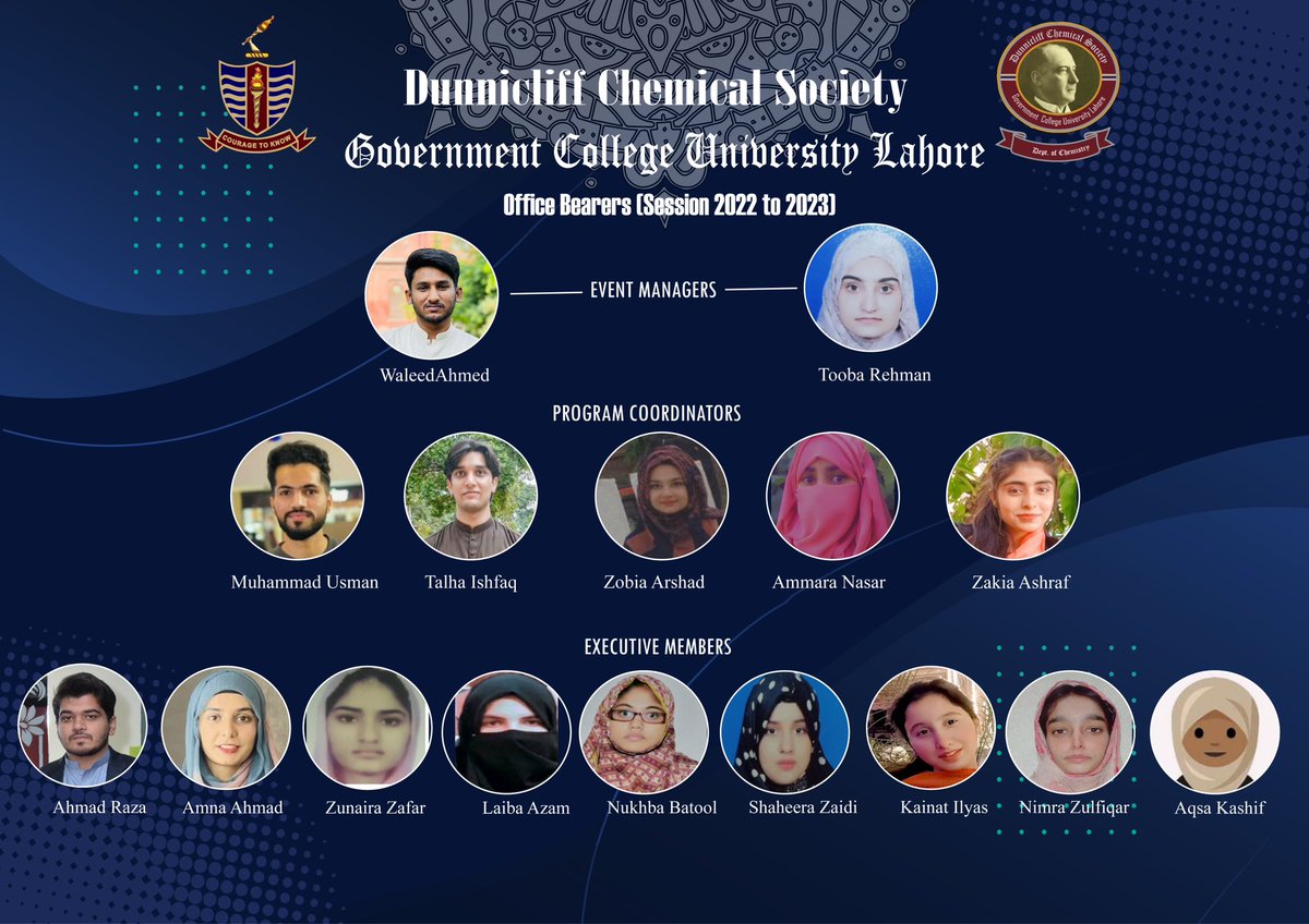 DCS_GCUL's tweet photo. We wish best of luck to all the office bearers of DCS-GCU for the session 2022-23 !
Regards, Dr. Raja Shahid Ashraf, Associate prof and Advisor, DCS
@zaidia @GCUChemistry @R_SHAHID_ASHRAF @gcuniversitylhr https://t.co/M8lRCxj5uS