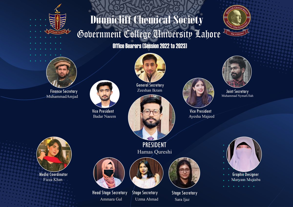 DCS_GCUL's tweet photo. We wish best of luck to all the office bearers of DCS-GCU for the session 2022-23 !
Regards, Dr. Raja Shahid Ashraf, Associate prof and Advisor, DCS
@zaidia @GCUChemistry @R_SHAHID_ASHRAF @gcuniversitylhr https://t.co/M8lRCxj5uS