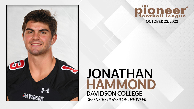 𝙋𝙁𝙇 𝘿𝙚𝙛𝙚𝙣𝙨𝙞𝙫𝙚 𝙋𝙡𝙖𝙮𝙚𝙧 𝙤𝙛 𝙩𝙝𝙚 𝙒𝙚𝙚𝙠
<a href="/DavidsonFB/">Davidson Football</a> DL Jonathan Hammond recorded an #FCS best 5⃣ tackles for loss and had 3⃣ sacks in a win at Drake, Saturday.