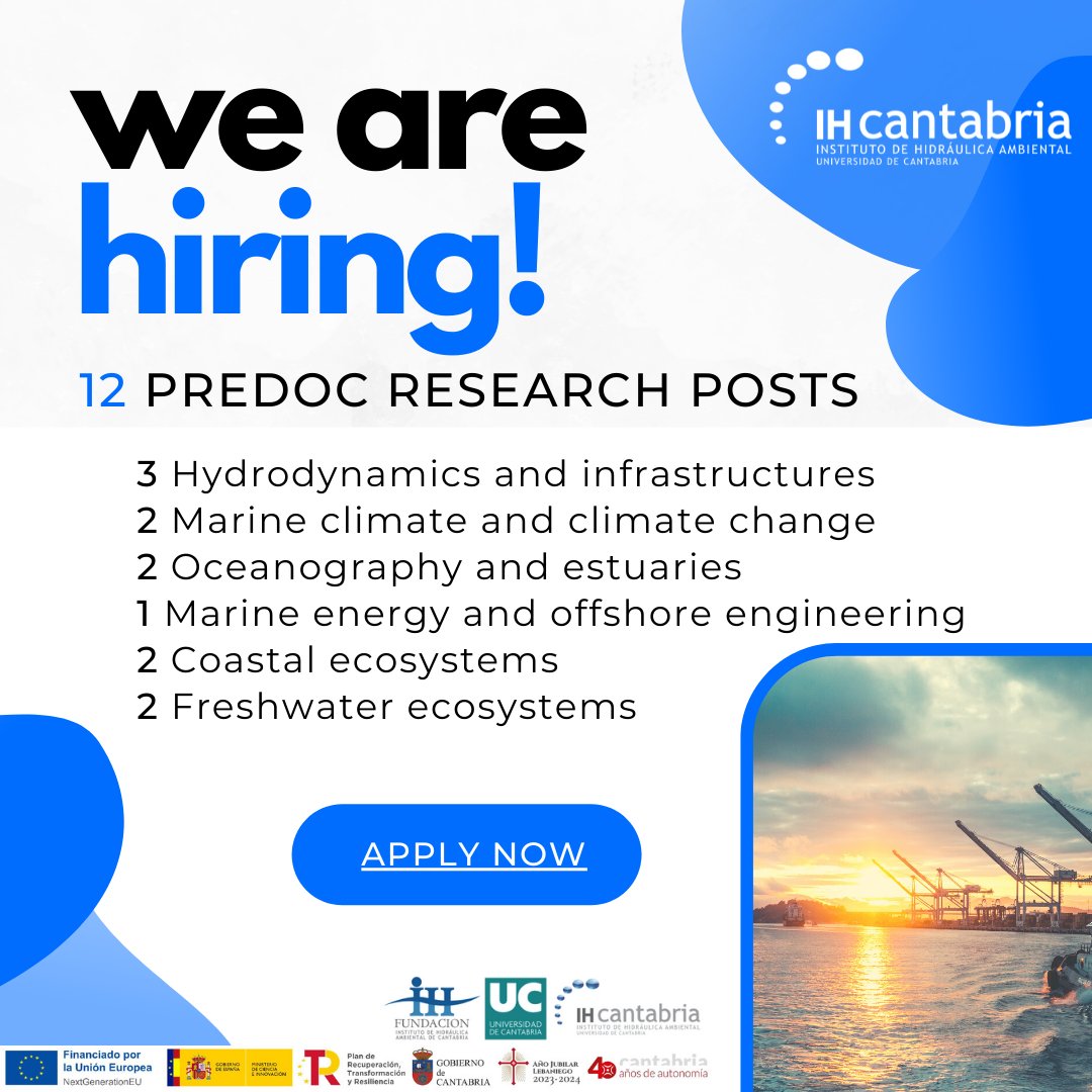 IHCantabria's tweet photo. 📢12 #plazas #predoctorales! ¿Tienes #Grado y #Máster en #Ingeniería (#Costas, #Civil, #Ambiental, #Naval, #Forestal, del #MedioNatural, #Informática, #Química), #Biología, #Geografía, #Ciencias #Ambientales o del #Mar, #Matemáticas o #Física? https://t.co/h1BwfCSaNQ🗓️Hasta 13/11 https://t.co/oXYwvHwLe1