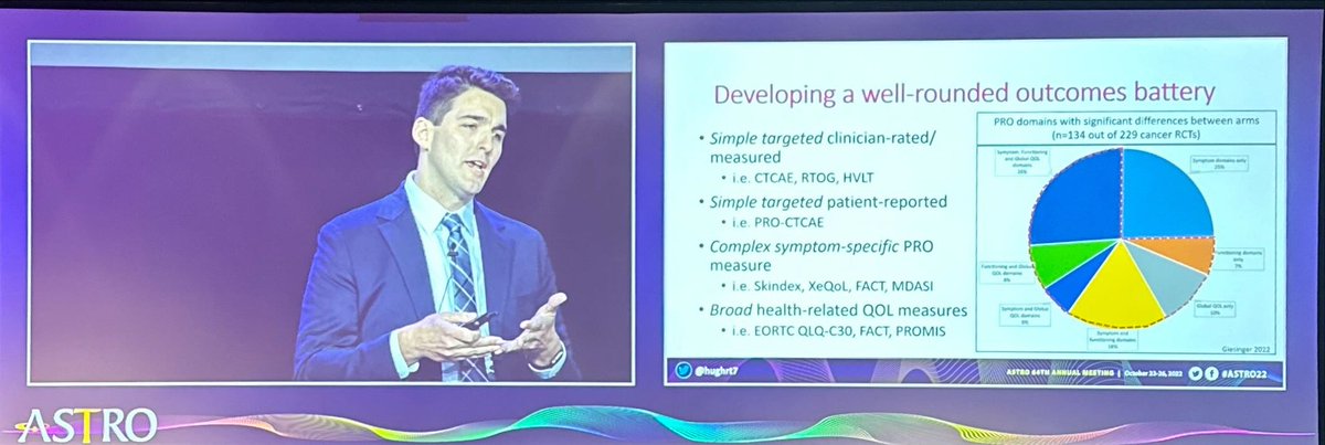 @hughrt7 at presidential: a nice framework for thinking about toxicity/QoL assessment ⬇️. Did you know in an EORTC review of >200 trials, >60% had significant differences in PROs, ~75% of which were in global domains? ➡️ bit.ly/3gAldBr - #ASTRO2022 #radonc @OncoAlert