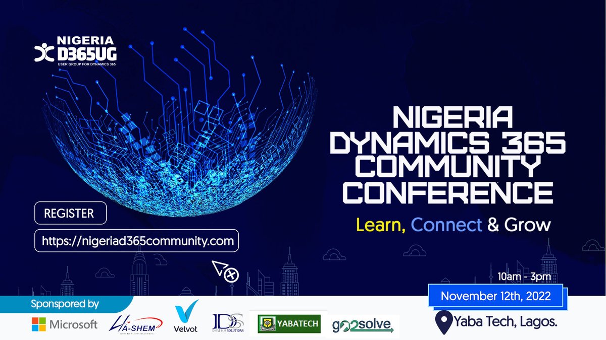 hammedabdulaz's tweet photo. Nigeria Dynamics 365 User Group will be hosting it first ever in person Conference as we anticipate over 300 participants. Do you want to know what we've got for you at this conference? Find out more and register here: https://t.co/GXwcJhFQLq

@HaShemLimited https://t.co/AW7aHv17lk