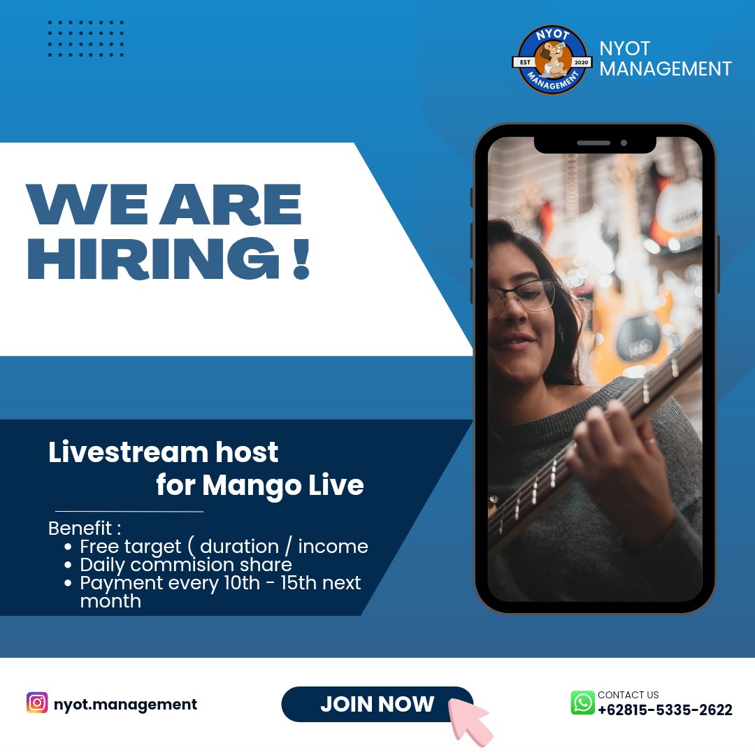 NyotManagement's tweet photo. WERE ARE HIRING! for host Mango Live, come join us https://t.co/XglOxrpBsb
•
#mangolive #livestreaming #workfromhome #viral #cuan https://t.co/CYSwOgVFIr