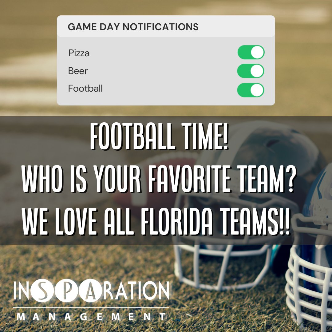 inSPArationMgmt's tweet photo. Football time!
Who is your favorite team?
We love all Florida teams!!

#football #collegefootball #nfl #insparationmanagement #insparation https://t.co/EugcYXLXbM