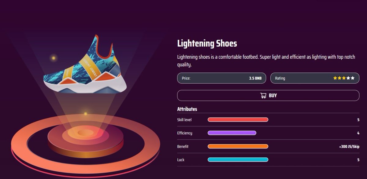 Jsweat_app's tweet photo. Lightening Shoes
Lightening shoes is a comfortable footbed. Super light and efficient as lighting with top notch quality.
Skill level: 5
Efficiency: 4.0
Benefit: +300JS/skip
Luck: 5.0
Price: 3.5bnb
#Jsweat #lightening #M2E #AppLaunch https://t.co/rdslKevOXc