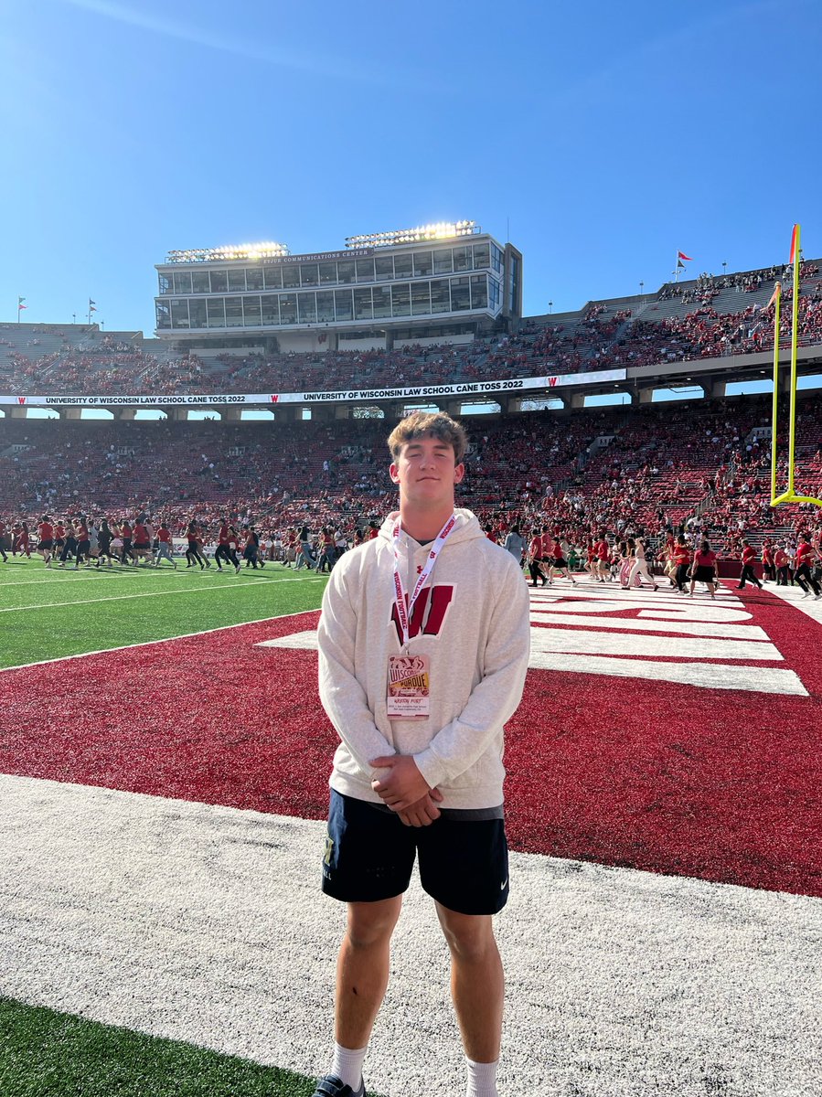 awesome experience with coaches and staff during my visit to madison. thank you for the offer to play for @BadgerFootball 🔴⚪️@CoachTurnerUW @CoachAprilUW @jimleonhard @CoachDOnofrio @TheMatt_V @FrithRobert @sjhhsfootball @CoachPSilvey @adamgorney @GregBiggins @ChadSimmons_