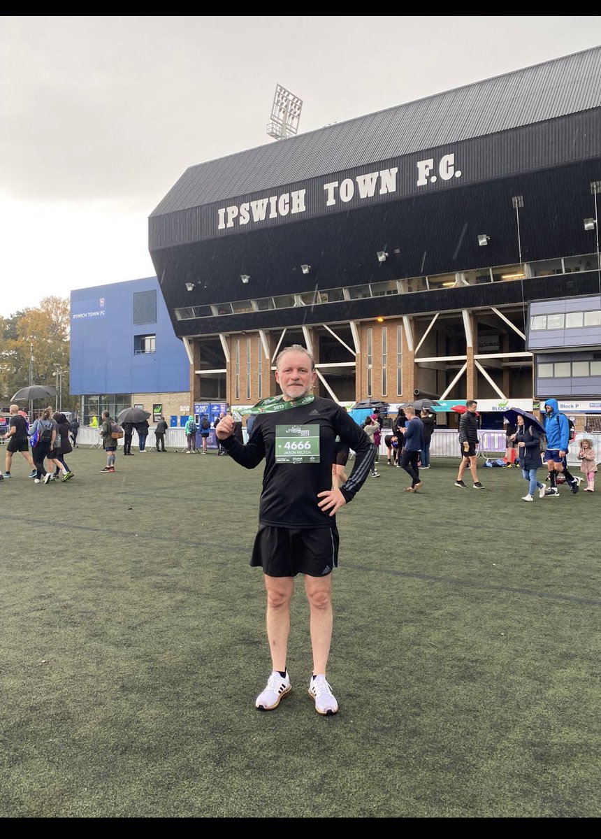 Completed my first half marathon in a stylish 2hrs 15(ish) mins. Now realising training is important, as is warming up and that a KitKat is not an Olympian breakfast! Thanks to organisers/pacers for a great job in what I can only describe as a biblical downpour #ukrun #itfc