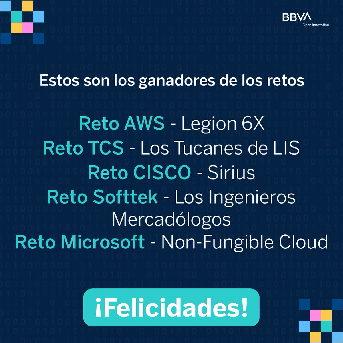 BBVASpark's tweet photo. Ahora presentamos a los ganadores de los retos creados por los patrocinadores y aliados del #HackathonBBVA 2022. 😁 https://t.co/qbsS42AkfX
