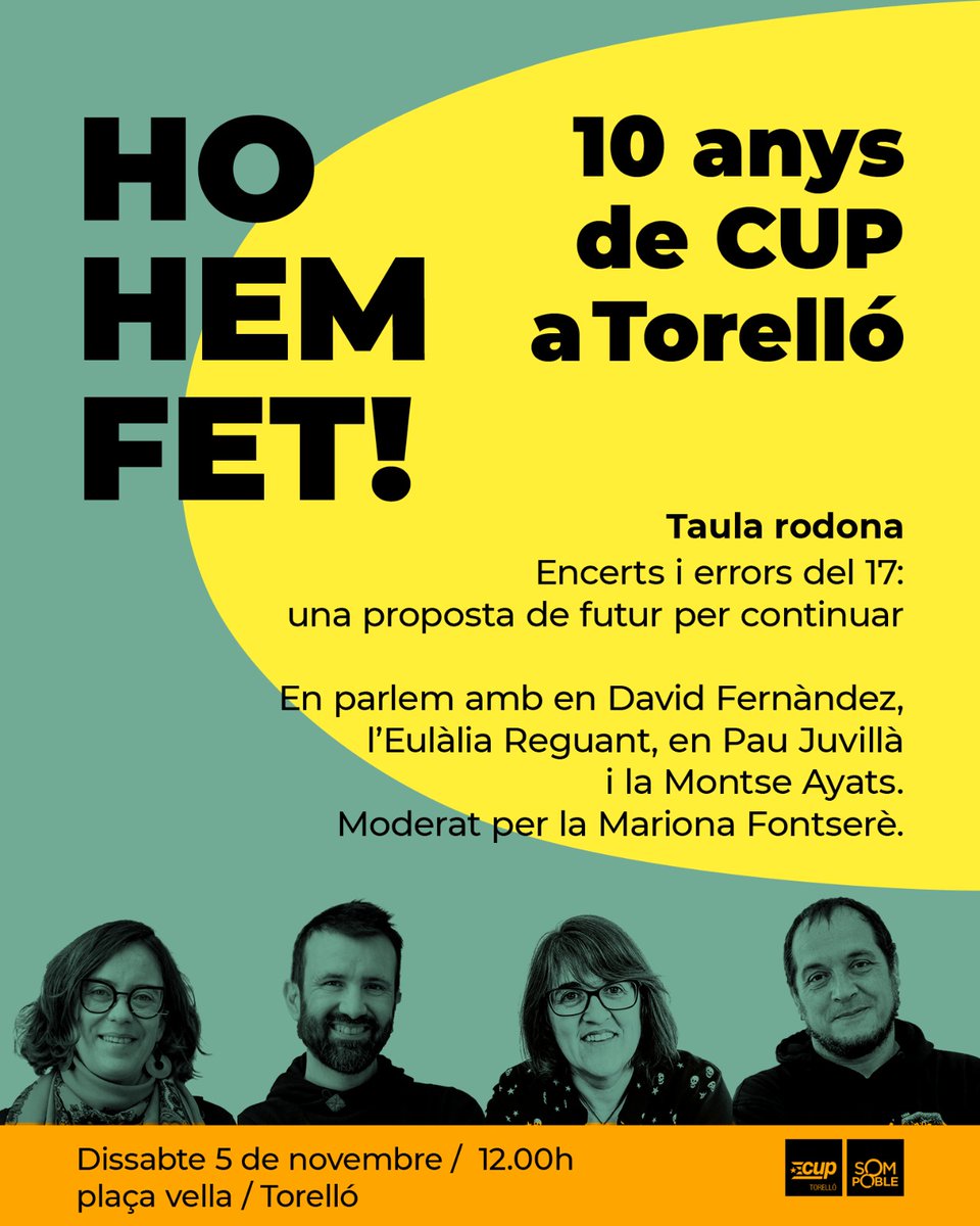 cuptorello's tweet photo. 📢 Ho hem fet! 10 anys de la CUP Torelló

Hem preparat un seguit d'actes per celebrar-ho. Avui us presentem el primer ⬇️⬇️⬇️

#10anysCUPTorelló https://t.co/Rm3o25Yjyi