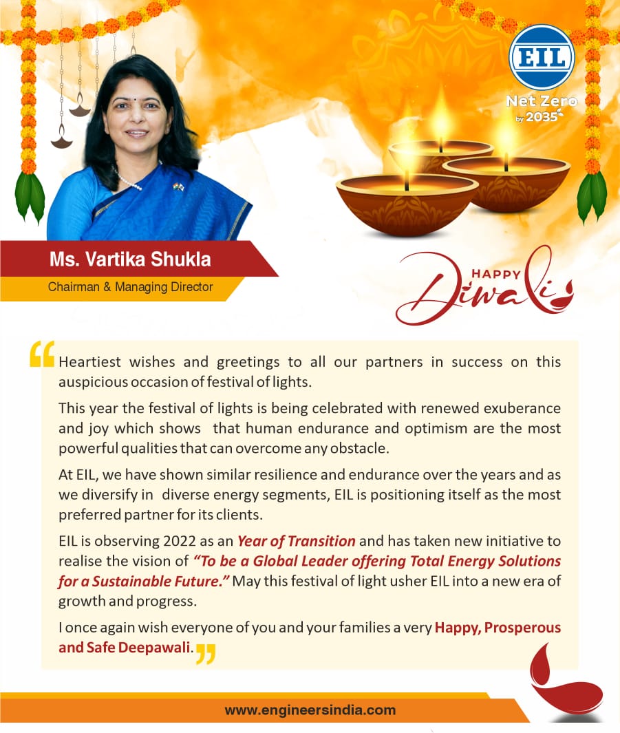 Message from Ms. Vartika Shukla, C&MD, EIL on the festive occasion of #Deepawali. @HardeepSPuri @Rameswar_Teli @Vartika15791157 #HappyDiwali #Diwali