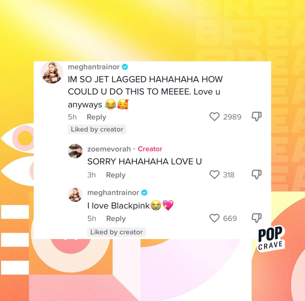 PopCrave's tweet photo. Meghan Trainor reacts: 

“IM SO JET LAGGED HAHAHAHA HOW COULD U DO THIS TO MEEEE… I love Blackpink 😭💖” https://t.co/1ZJvSmkHzx