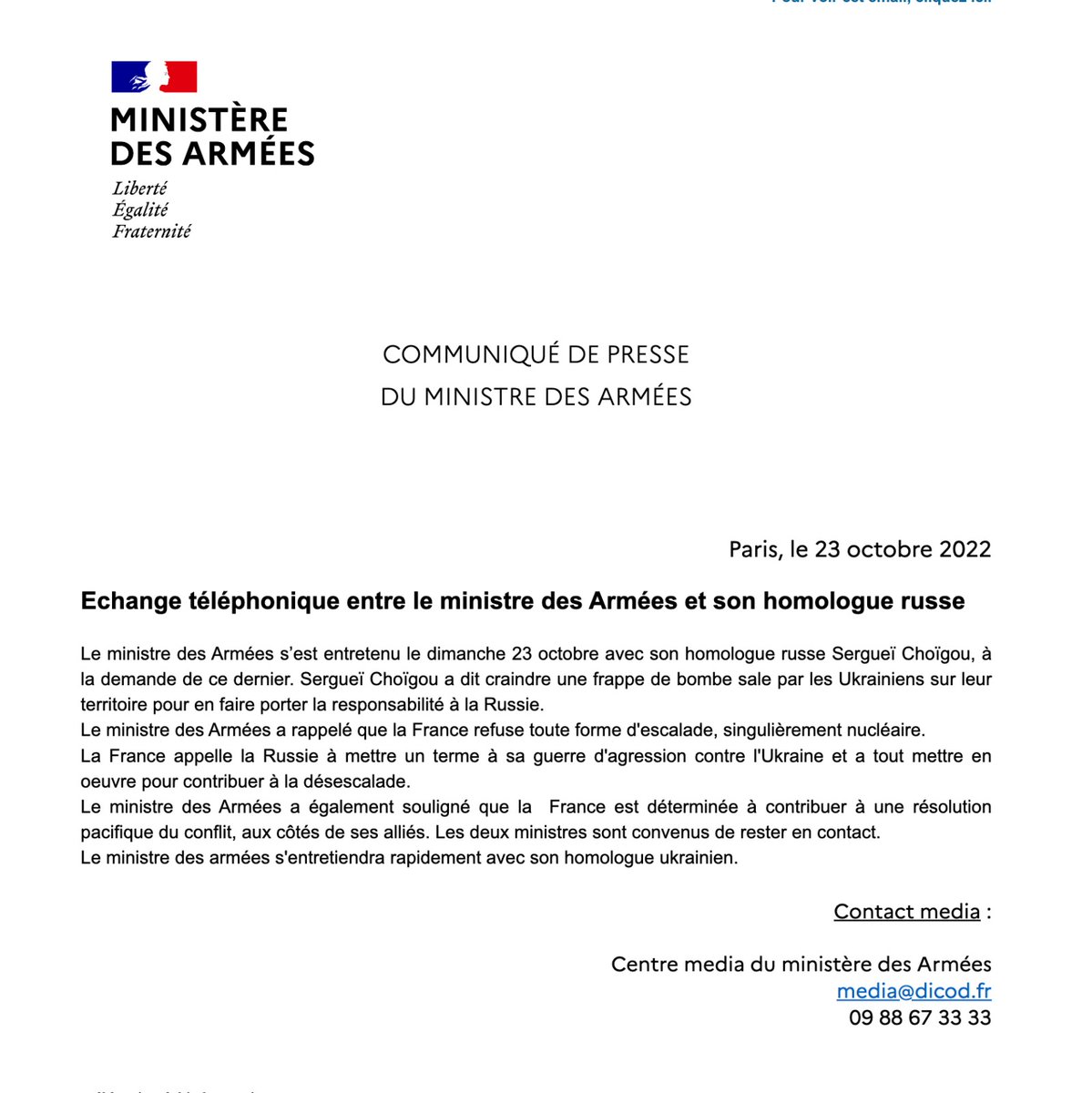 Echange téléphonique aujourd’hui entre @Seblecornu, ministre des Armées, et son homologue russe Sergueï Choïgou, à la demande de ce dernier. Pour en savoir plus, voir le communiqué du ministère des Armées. ⤵️ #NotreDéfense