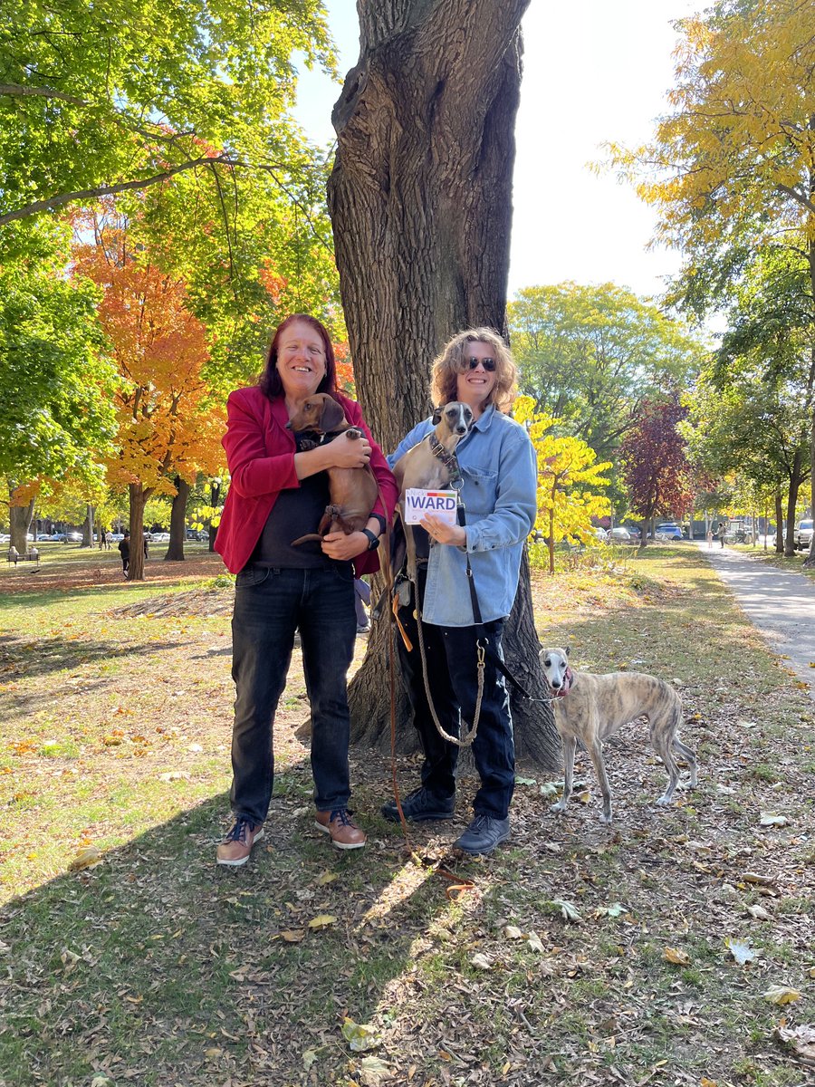 TabathaSouthey's tweet photo. Was already impressed with her detailed platform but meeting and talking with ⁦@nicki_ward⁩ sealed the deal. She has my vote for Toronto Centre councillor. (Seen here with ⁦@Bwongsouthey⁩ and assorted dogs.) https://t.co/aLPqc9vhvi