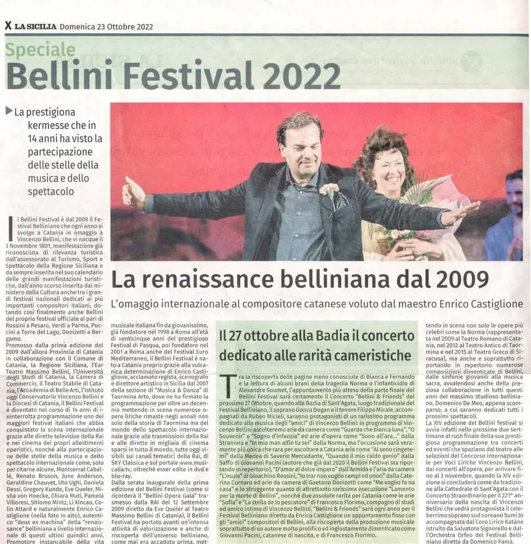 SopranoGDogan's tweet photo. "LA SICILIA" dedicate alla XIV edizione del Bellini Festival che parla anche del nostro concerto del 27 Ottobre 2022 "BELLINI &amp; FRIENDS" un rarissimo programma dedicato alla musica di Bellini e dei suoi amici e coevi: Chopin, Mercadante, Florimo, Pacini, Donizetti, Rossini. https://t.co/RViuIi1Hwe