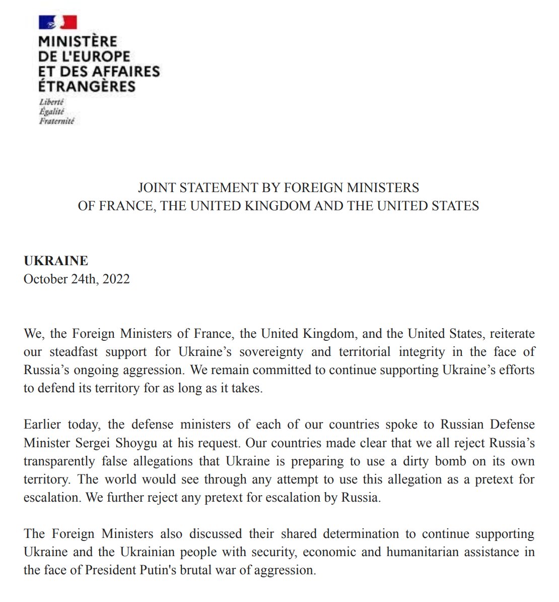 Ukraine | Joint Statement by Foreign Ministers of France, the United Kingdom and the United States #Ukraine #Russia