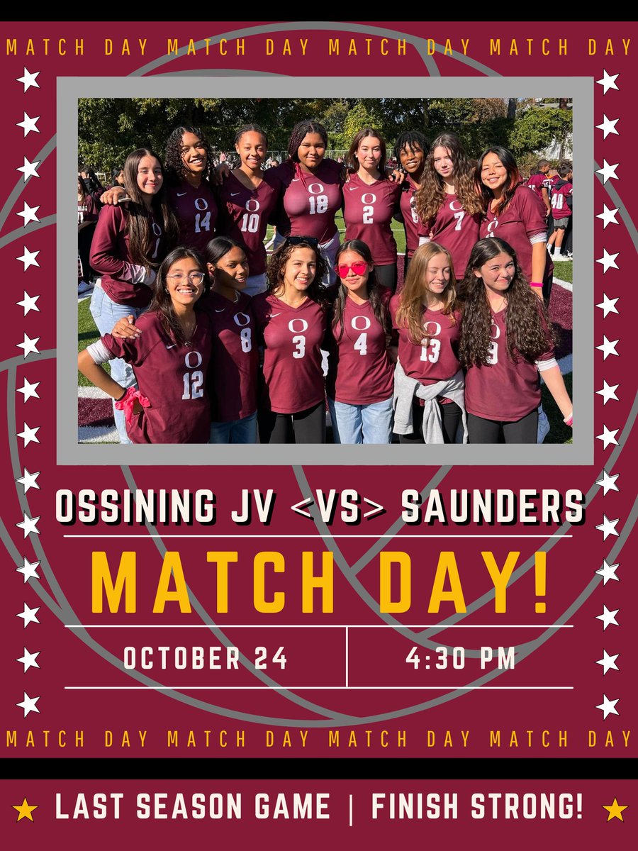 JV plays their last season game today at 4:30 at home against @Saunders_HS! Come through to support our JV team, grab a bite from our concession stand and BE LOUD! @OSSATHLETICS @MrHerrera_AD @OABCBoosters @OssiningSchools #rollpride #dontholdback #finishstrong