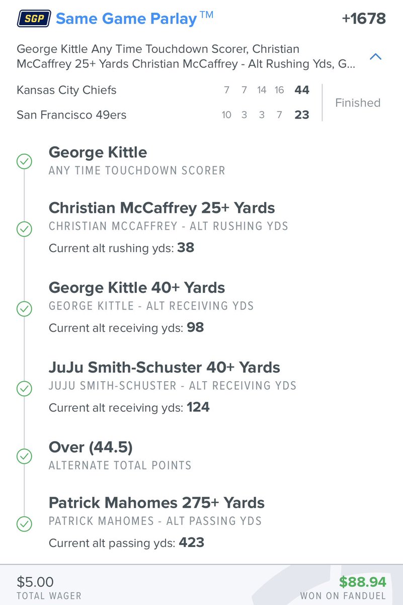 KennyPicksIT's tweet photo. Cash em all! 💰💰💰100 yard special &amp; 2 chiefs 49ers sgp @The_PropFather @j2110_ @FDSportsbook @portman7387 @driphurts https://t.co/uQsMJ2avXk