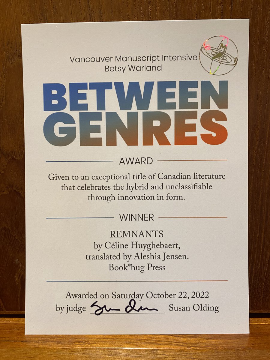 Congratulations to the winners of the 2022 VMI Betsy Warland Between Genres Award-- author Céline Huyghebaert and translator Aleshia Jensen for Remnants from @bookhugpress! Judge Susan Olding comments, 'Memoir, auto-fiction, documentary, dream—Céline Huyghebaert’s Le drap blanc,