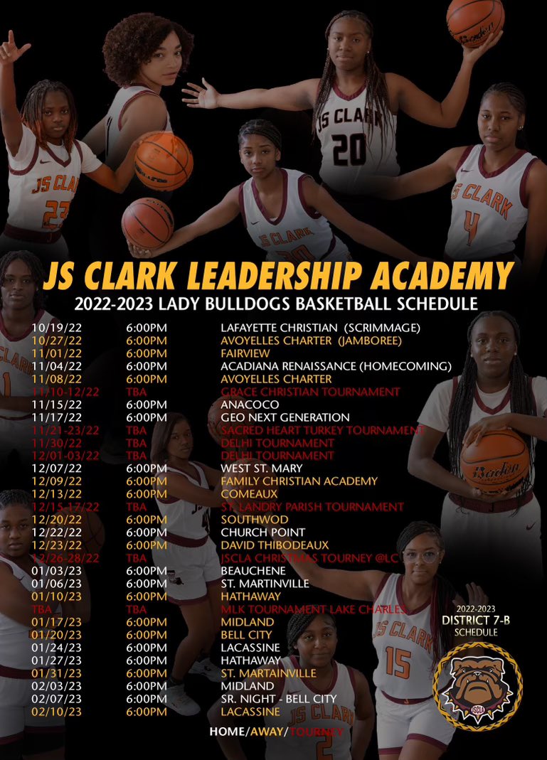 JsclaClark's tweet photo. You asked, we delivered….. JSCLA Lady Bulldog & Boys Bulldog schedules. Let’s Go Dawgs!!! #NHW #clarklife @TallionRideau06 @CoachRusstough @CoachBradBoyd3 @OTBSports_ @LHSAA @LCU_MBSK @peedee1906 @LSL_Sportsline @KLFYsports @acadianasports @CoachMartin0 @coachbree32 https://t.co/iNZnqLax6j