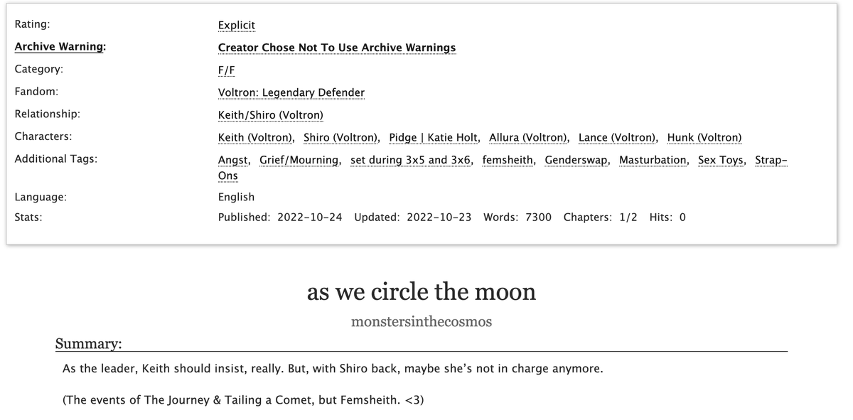 kacyinthecosmos's tweet photo. She turns her head, tries to breathe against Shiro’s pillow. And it was an illusion that she could smell Shiro’s hair. It’s been months.

It doesn’t smell like anything.

[Femsheith | E | 7k]

Chapter 1 of my @femsheith  fic for @postblou !! https://t.co/OqWKMbc7lW