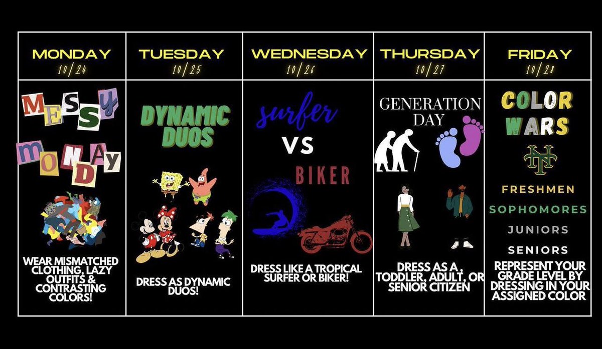 Hey Titans! It’s Homecoming Week 2022 💚💛 Here’s your dress code for the week!