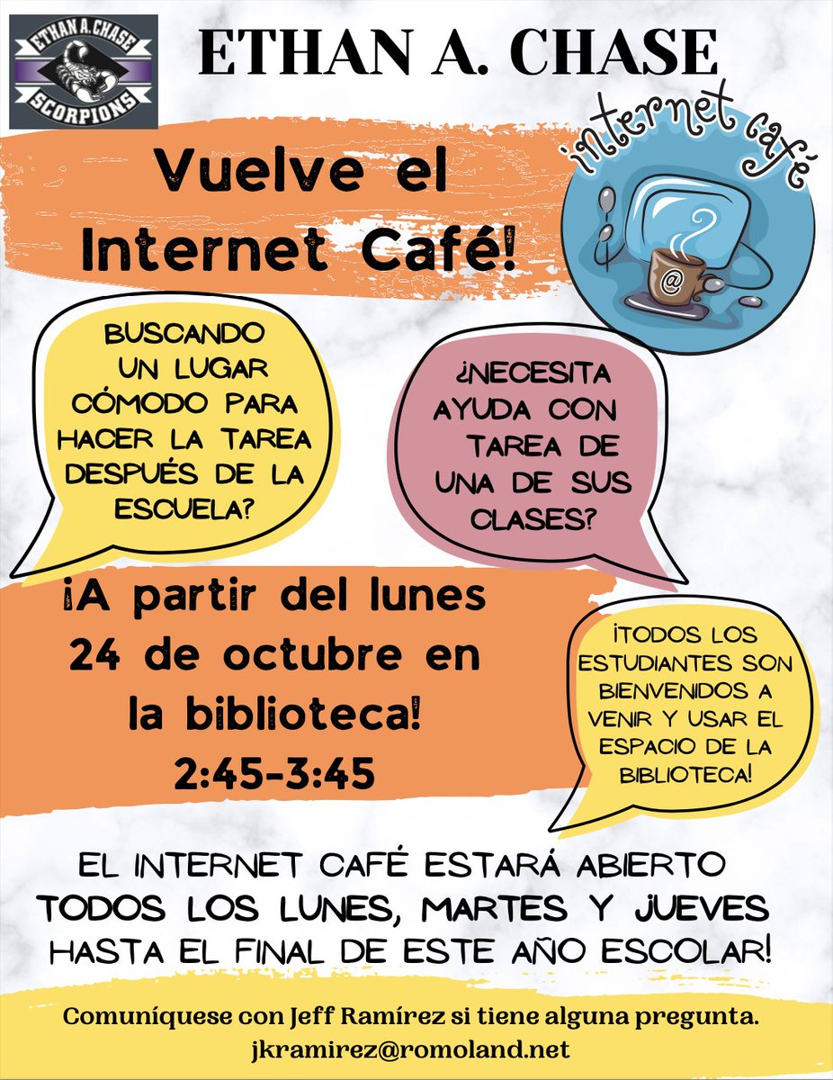 Internet Cafe is Open!
Monday, Tuesday and Thursday in the Library
2:45-3:45