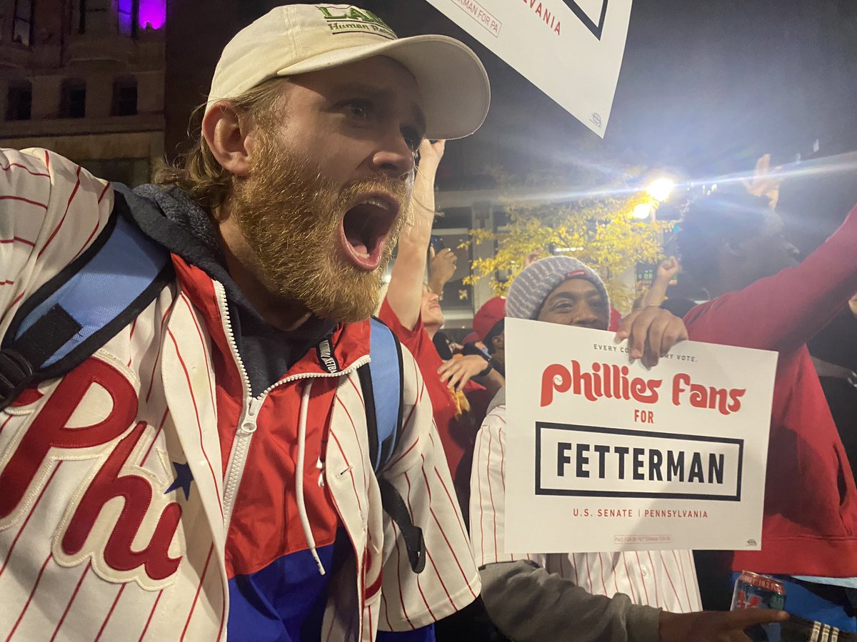 Dedicated Fetterman staffer/volunteer out here handing out “Phillies fans for Fetterman” campaign signs. “I’ll take one,” one guy said. “The only doctor we believe in around here is Dr. J!”