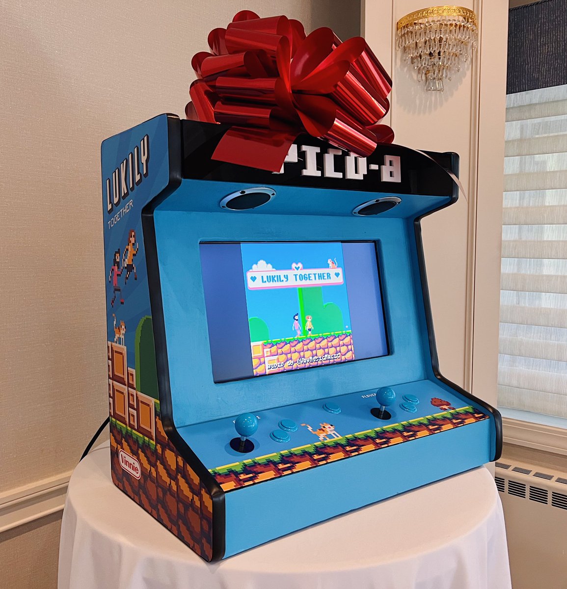 massive love and gratitude to @johanpeitz and @markkleeb for helping me put together the coolest wedding gift of all time!! This custom #pico8 cabinet has a TON of amazing games, PLUS an incredible custom game of the bride and groom themselves (and their cat!!) 🕹️💕